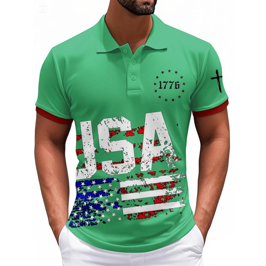 Modisches Herren-Freizeit-Oberteil mit Unabhängigkeitstag-Print am Hals und kurzen Ärmeln