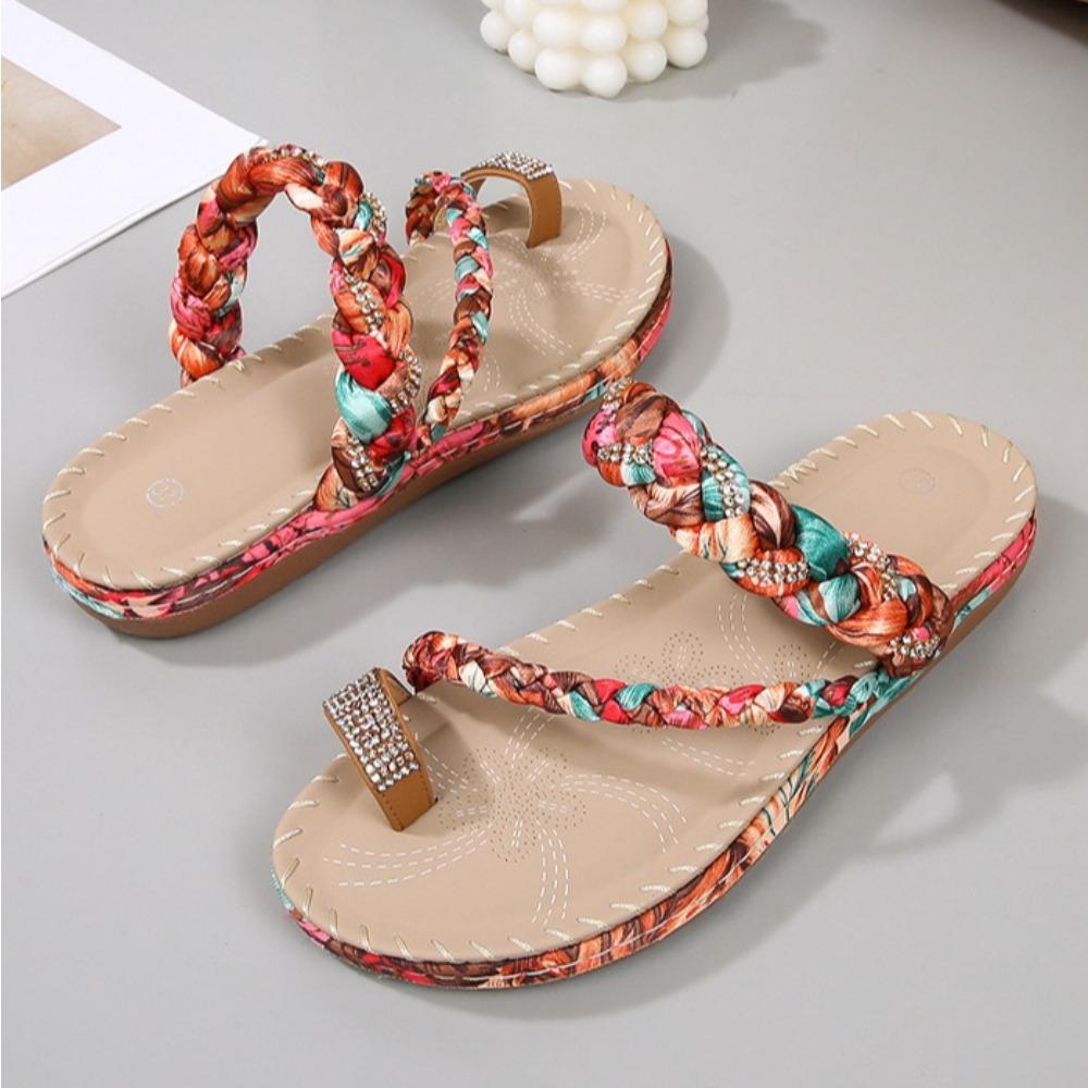 Fashion Slippers for Women's 2025 New Low Heel Fashion Wood Bead Water Diamond Slippers Slope Heel Comfortable Large Sandals for Women