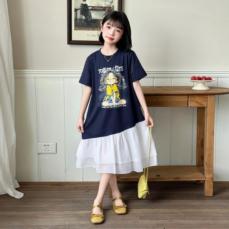Girls' Summer Dress 2026 New Fashionable Girls' Summer Dress Children's Mesh Splicing T-shirt Skirt