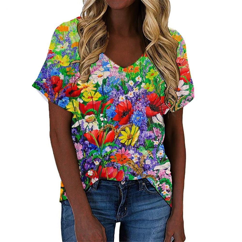 Neue Sommerliche Blumen Ölmalerei 3D Druck Damen V-Ausschnitt T-Shirts Harajuku Streetwear Oversized T-Shirt Tops Damenbekleidung
