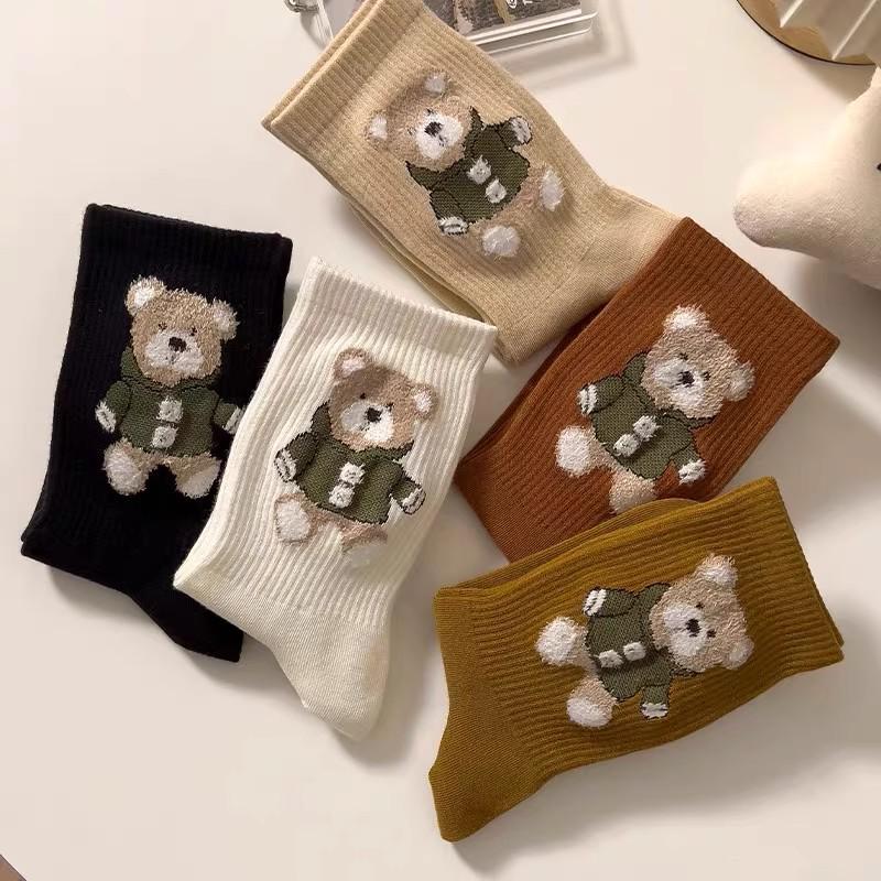 Little Bear Women's Cute Mid-Calf Feather Yarn Socks - Japanese Style in Coffee Color, Ideal for Spring & Autumn.