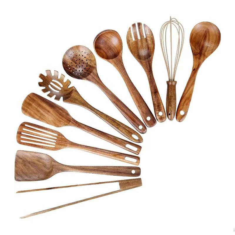 Non-Stick Pan Special: Teak & Acacia Wood Spatula, Stir-Fry Set, Salad Fork & Slotted Spoon