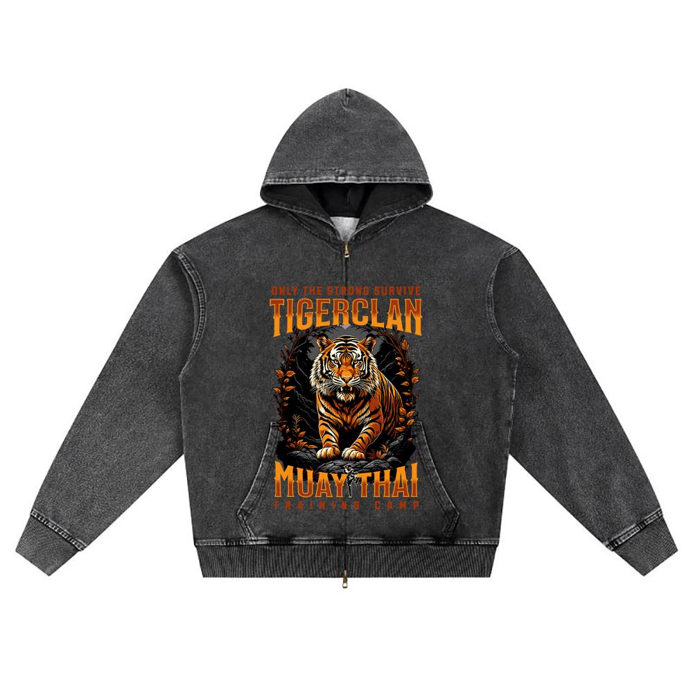 DTG print Knitted Denim Zip-Up Hoodie Tigerclan Training Camp Brother Print Zipper Hoodies  