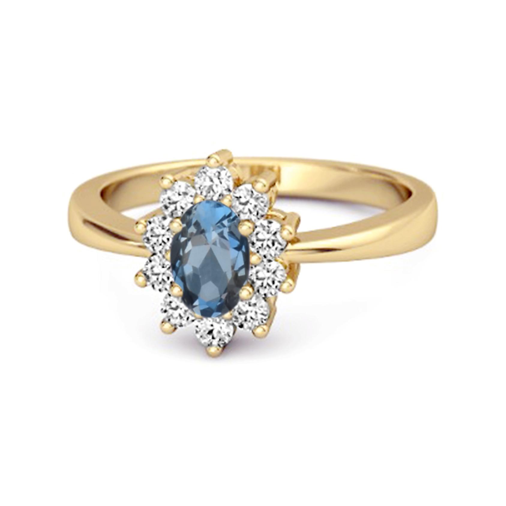 London Blue Topaz Classic Halo Ring - 925 Sterling Silver Gold Vermeil 6