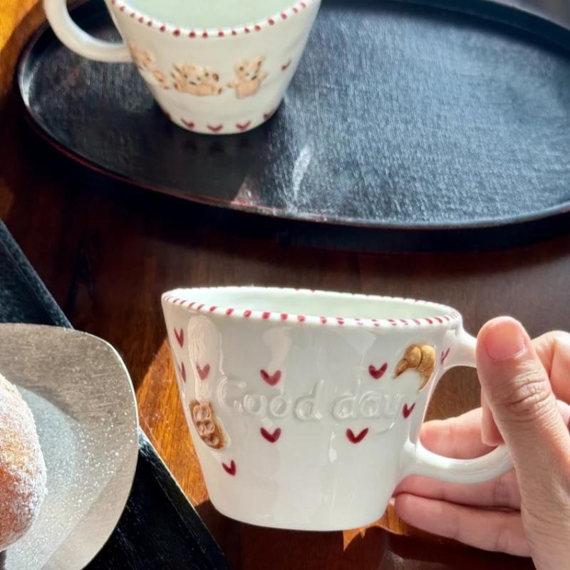 300ml Hand-drawn Ceramic Mugs Relief Coffee Cup Hand Pinched Irregular Bear Milk Tea Cup Letter Waffle Croissant Oatmeal Mug