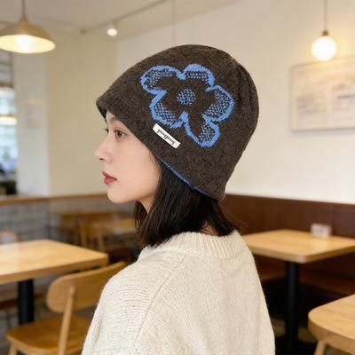 Spring and Autumn Warm Ear Protection Flower Big Head Circumference Knitted Wool Pile Hat Woman