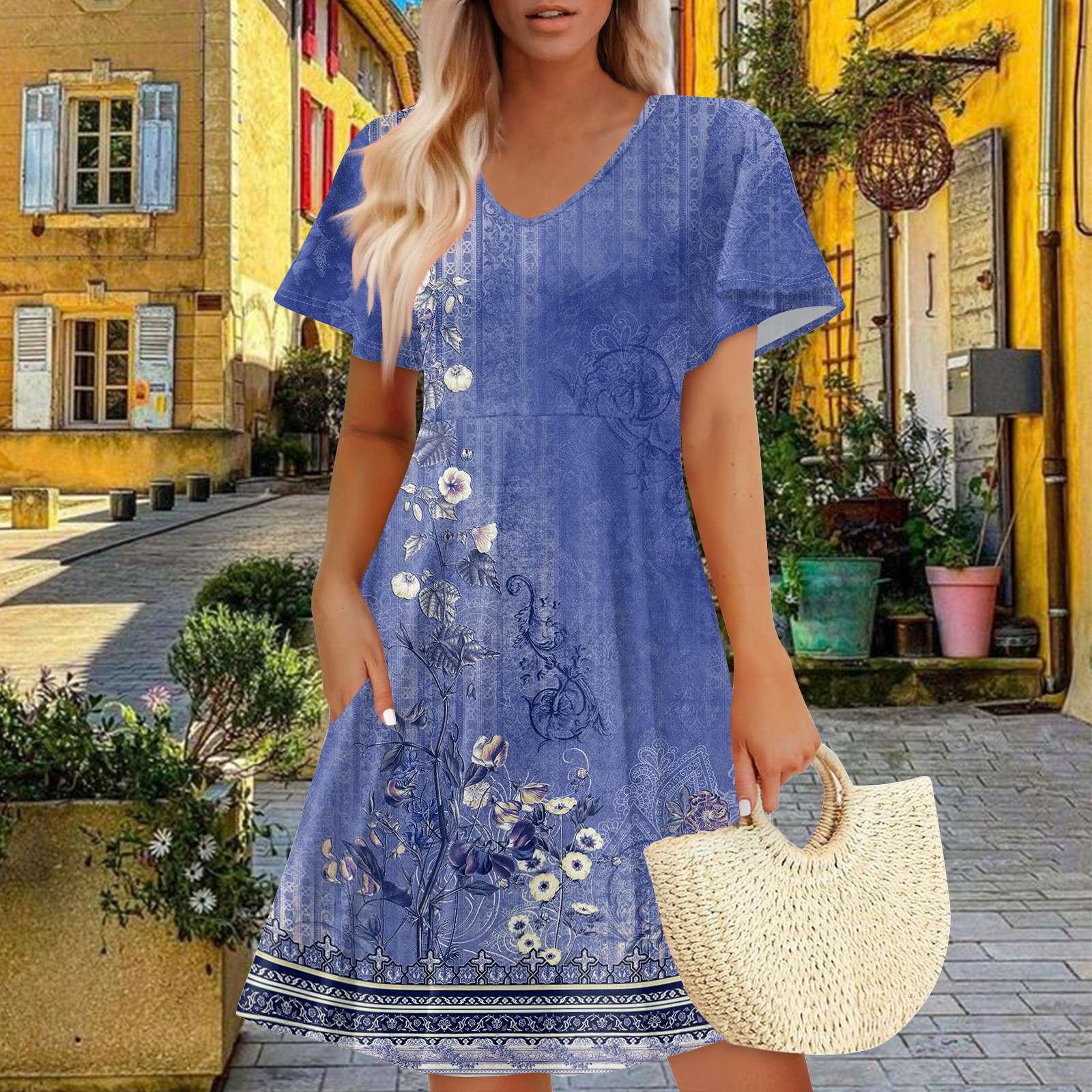 

Women Summer Dress Casual Swing Floral Ruffle Short Sleeve Sundresses Beach A-line Dress With Pockets XXL