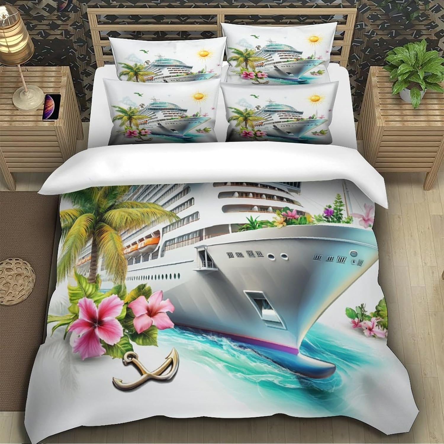 Grosstor Unisex Cruise Ship 3D Printing Duvet Covers Set, Microfiber Bedding Set And Pillowcase 75*50 With Hidden Zipper For Children Teenagers