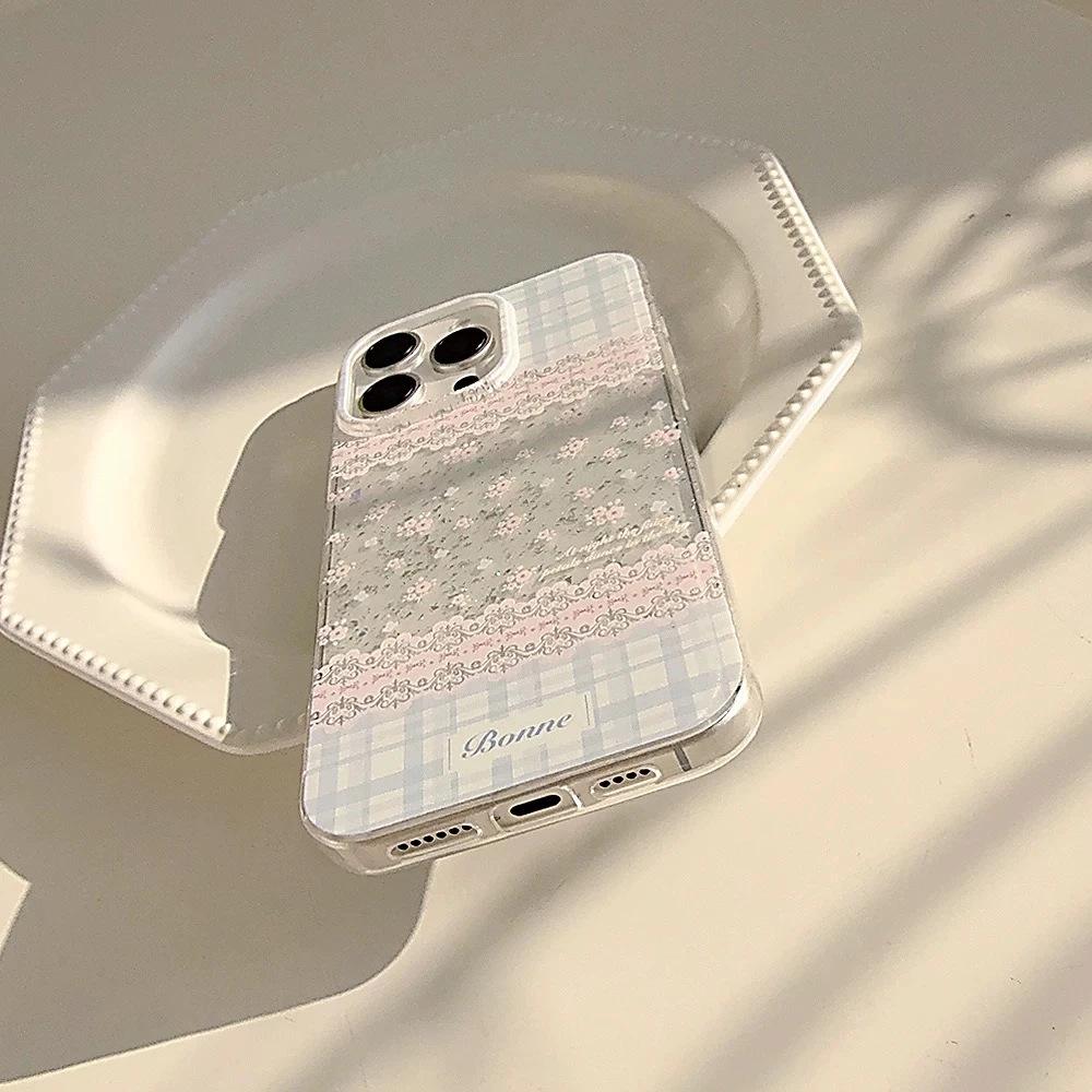 Spring and Summer Pink and Blue Floral Application Apple 17 Mobile Phone Case iPhone16Pro Glitter IMD15 Plaid 13/12/14