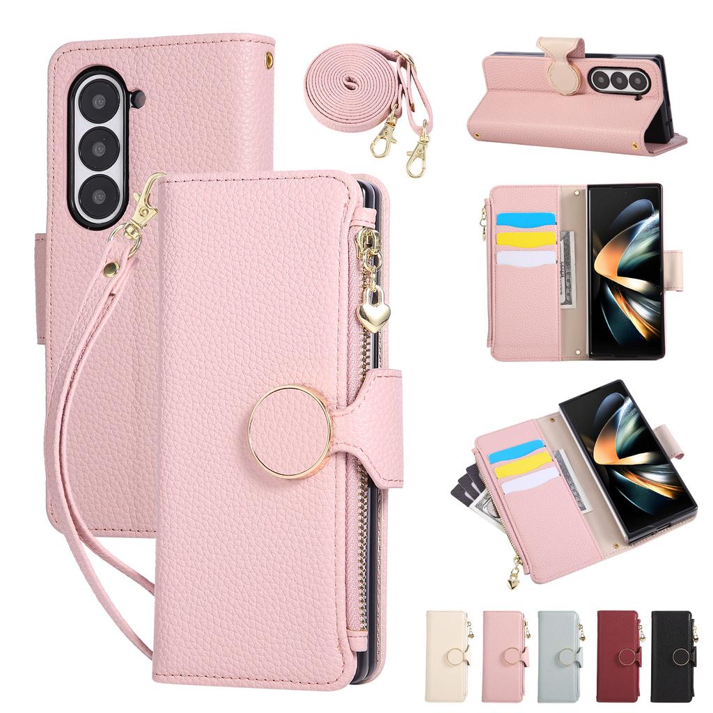 Applicable to Samsung Z Fold7 mobile phone leather case Z Fold5 folding mobile phone lychee pattern zipper wallet oblique span case