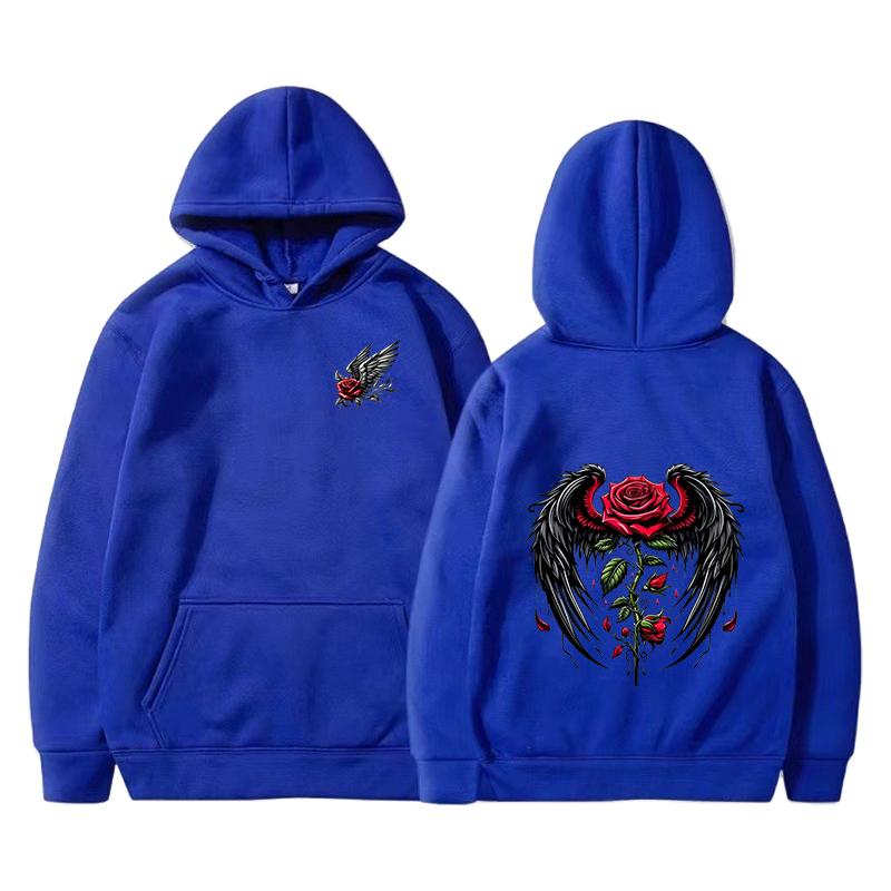 Rose wing pattern printed hoodie fashion trend brand autumn and winter loose hoodie Y2K hip-hop street wear men's and women's pu