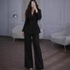 European and American Women's Cross-border Spring and Autumn New V-neck Solid Color Waist Thin Suit Wide-leg Pants Fashion Cover