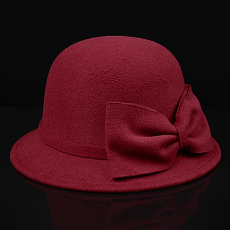 Hepburn style elegant woolen basin hat autumn and winter bow fisherman hat women's French retro temperament top hat