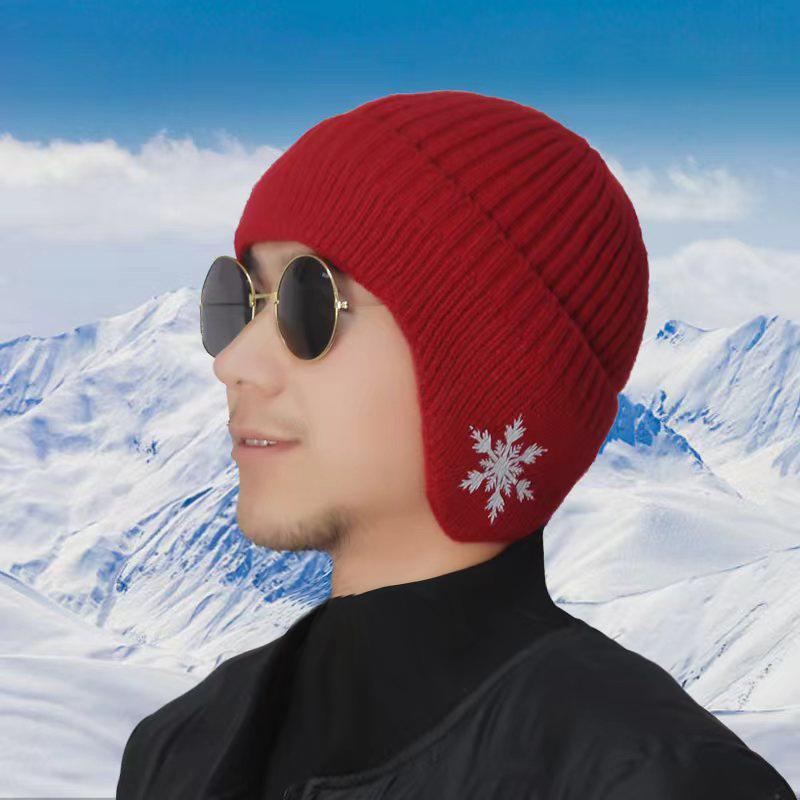 

Зимняя шерстяная шапка мужская шапка с защитой ушей флисовая утолщенная уличная теплая ветрозащитная зимняя вязаная оптом модели со снежинками One size