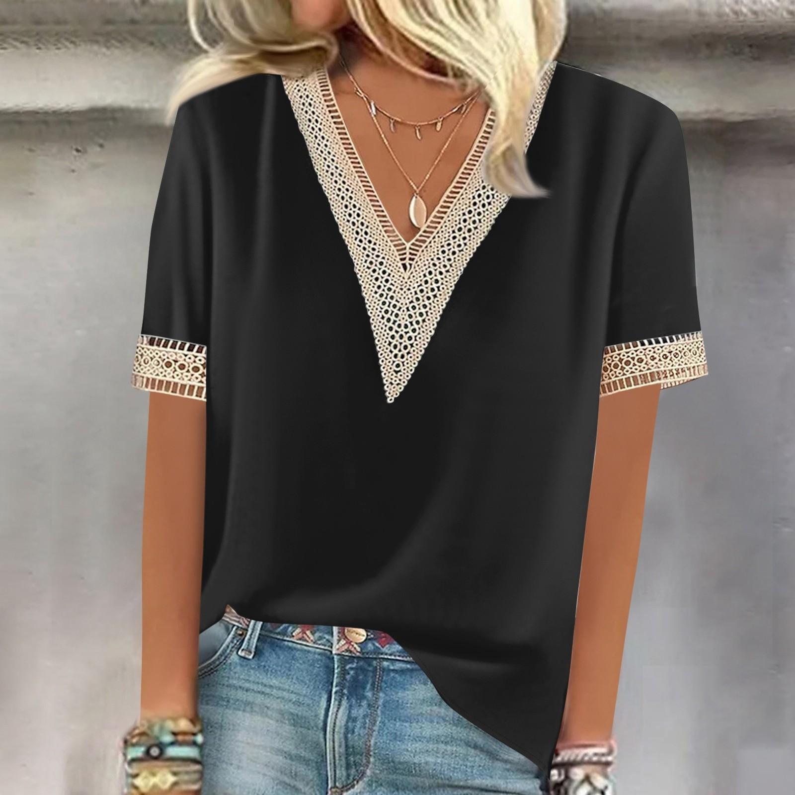 

Women s Shirt Blouse Casual Loose Shirts Short Sleeve Lace Trims Print V Neck Tops Print Tops T-shirts Tee XXXL чёрный