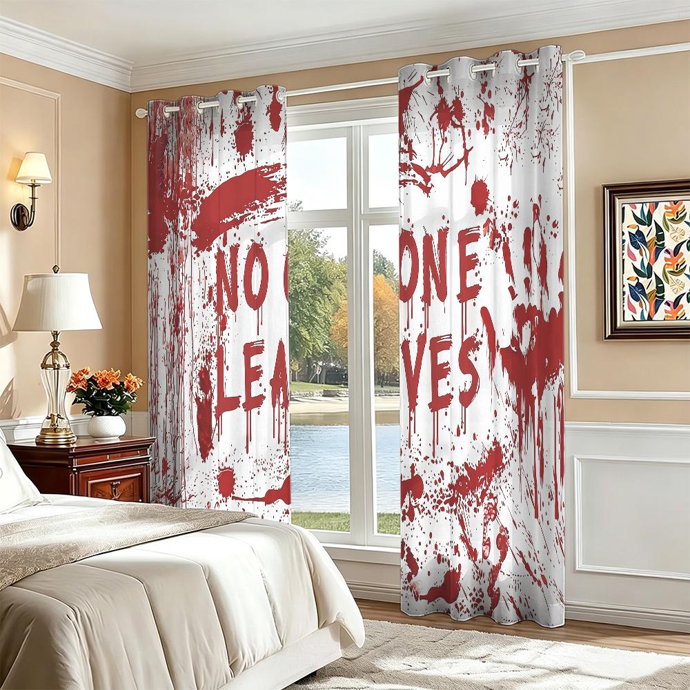 2Pcs Perforated Blackout Curtain Light Block Privacy Drape Living Bedroom Halloween Bloody No One Leaves Text Horror Window D
