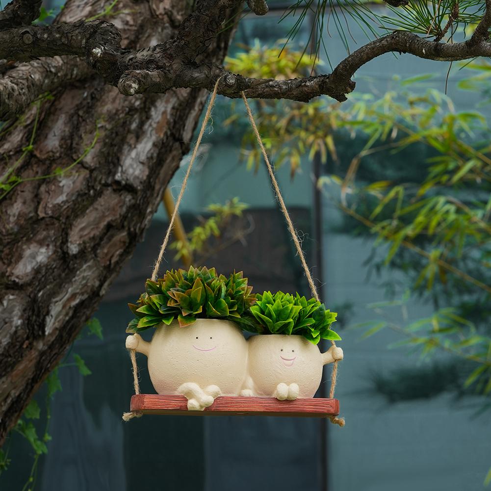 Cute Smiley Face Hanging Planter Resin Smiley Face Couple Planter Pot Creative Hanging Flower Pot For Indoor Outdoor Plants