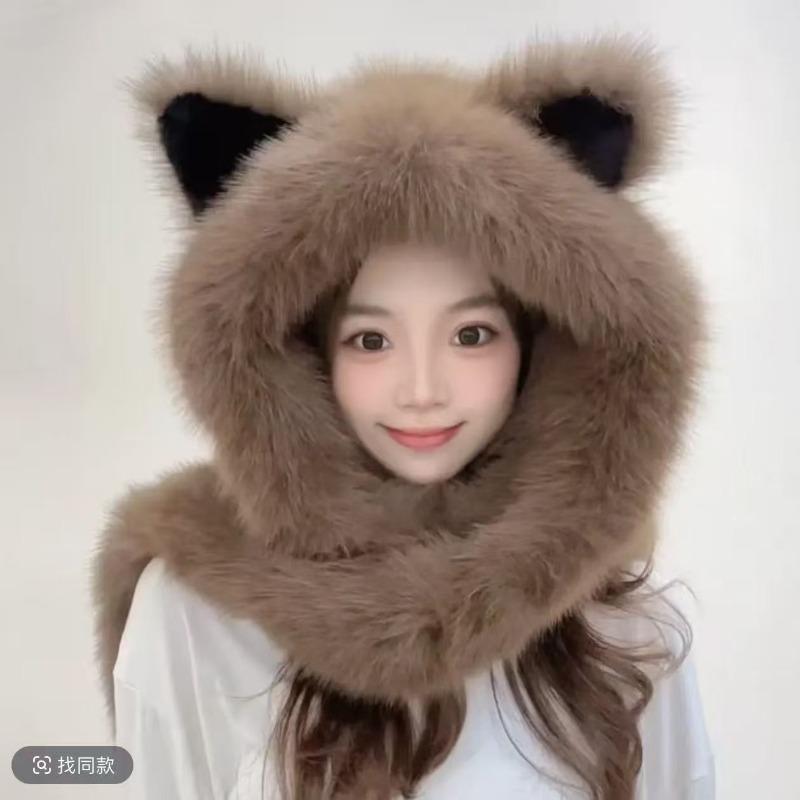 Thickened plush fox ears hat women's scarf gloves integrated season cold and warm neck protection show small face