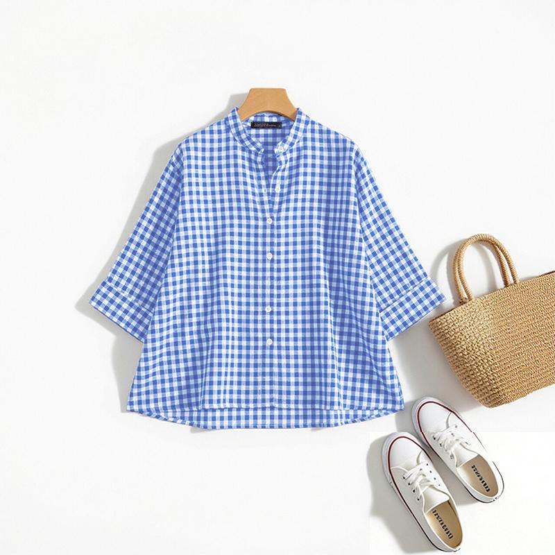 

ZANZEA Women Plaid Print Casual Stand Collar 3/4 Sleeve Blouse 5XL світло-синій колір