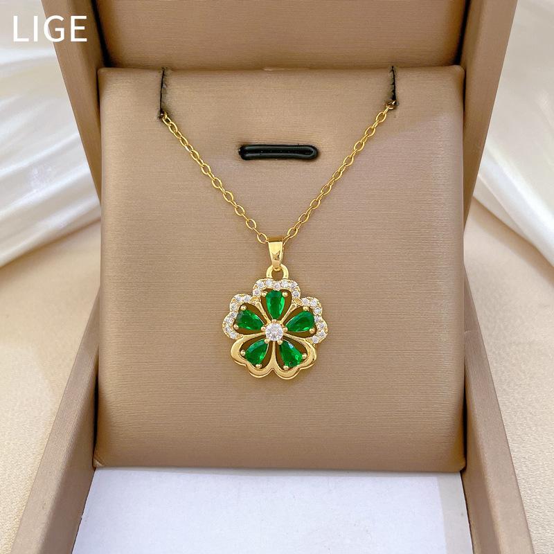 Five-Leaf Flower Green Full Diamond Light Luxury Temperament Gorgeous Full Diamond Necklace Female Versatile Collarbone Chain Titanium Steel