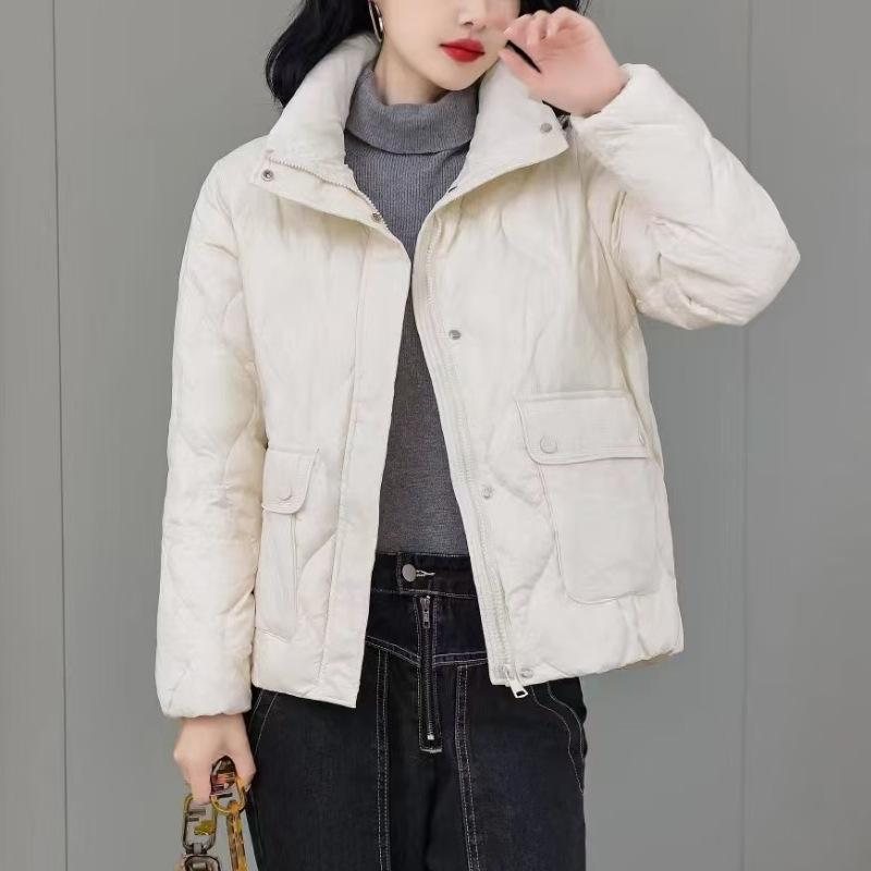 Autumn Winter Light Down Jacket Women's Short Stand Collar Single Breasted Loose Straight White Duck Down Coat Big Pocket Solid Color