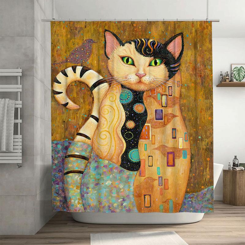 

Stylish Cat Print Shower Curtain For Bathroom Decor Modern Artistic Design With Bird Motif 180X180Cm Size Available In Multiple W60H190(CM)-1 Pcs