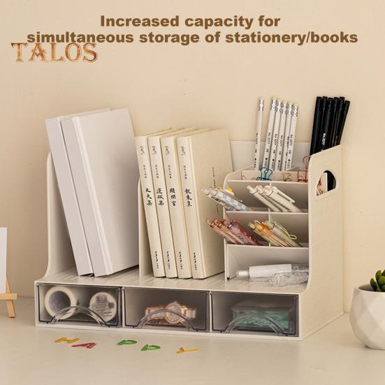 Pen Holder Bookend Large Capacity Desk Organizer with Smooth Drawer Handles Multi-Functional Storage Stationery Organizer