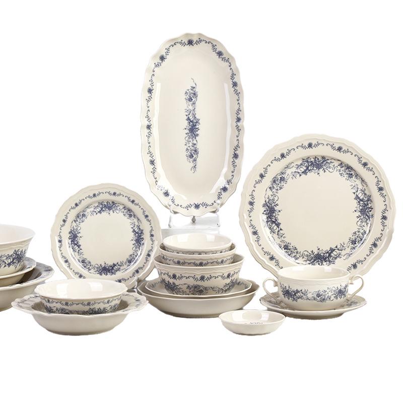 Shunxiang Blue Fog Flower Ceramic Tableware Set: Retro High-End Rice Bowl Plate for Luxurious Dining.