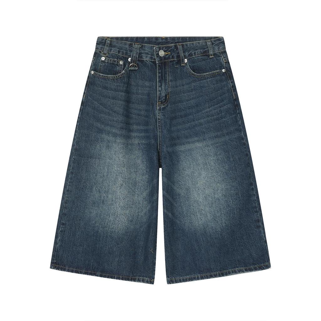 Jeans da Uomo Vintage Estivi Larghi Maschili a Gamba Larga Corti al Ginocchio Lavati Moda Denim Pantaloni