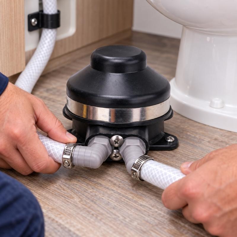 Four Hole Mounting Foot Water Pump with Plastic Body and Metal Retaining Band for Fixed Motorhome Bathroom or Boat Water-System Installation