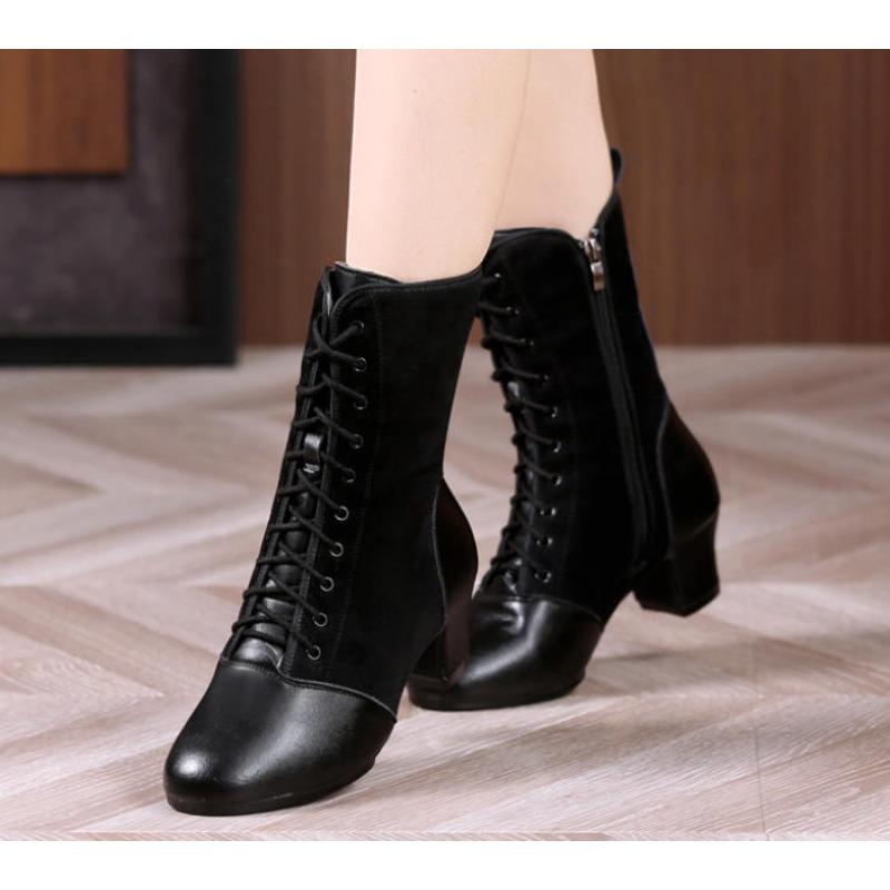 Modische Damenschuhe Reißverschluss Damenstiefel Atmungsaktiv Square Dance Mädchen Klobiger Absatz Einfarbige Schuhe Damen Tanzschuhe