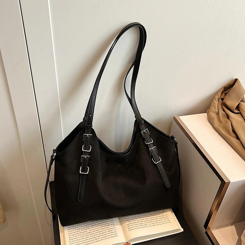 Quality Solid Faux Suede Shoulder Bag Buckle Decorative Large Capacity Hasp Casual Tote Hot Sale Bags for Women