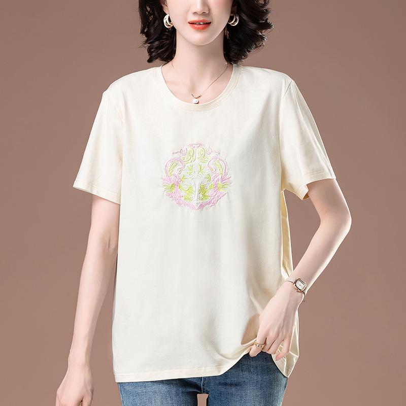 

Women s Plus Size Embroidered Cotton T-Shirt - Short Sleeve, Loose Fit for Summer XL