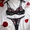 European & American Sexy Lingerie Set: Hot Red Lip Embroidered Mesh Satin Push-Up Bra with See-Through Panties