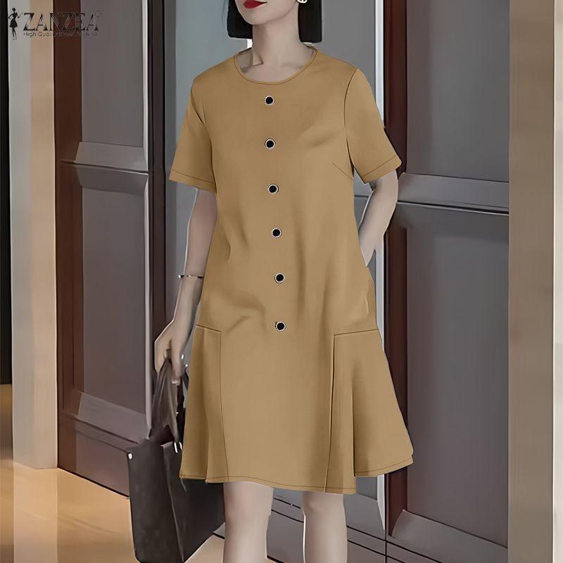 ZANZEA Vestido Casual de Verano para Mujer de Manga Corta y Color Sólido con Cuello Redondo