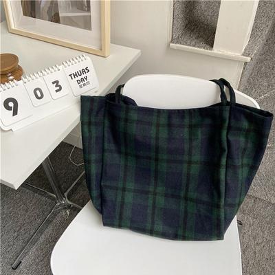 Extra Large Women Woolen Canvas Bags Checked Pattern Design Soft Warm Cloth Fabric Big Tote Ladies Casual Shoulder Bag