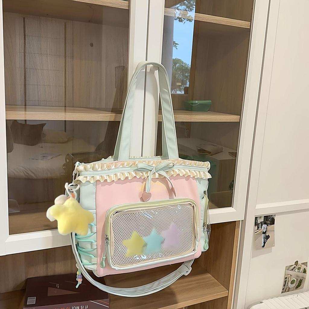 Women's Color Block College-Style Backpack with Ballet Ruffle Lace Design