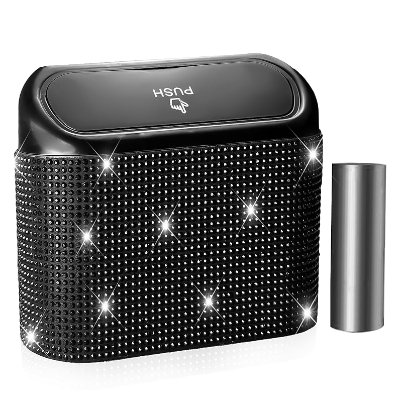 NBTEPEM Bling Pink Car Trash Can With Lid, Mini Auto Garbage Can With 30 Trash Bags, Automotive Garbage Container Bin, Bling Car Accessories Trash 1
