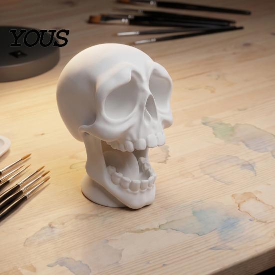 Gothic Desktop Decor 3D Printed Open Mouth Skull Headphone Stand, Skeleton Organizer for Men Organizer, DIY Paintable Ornament Gaming Room