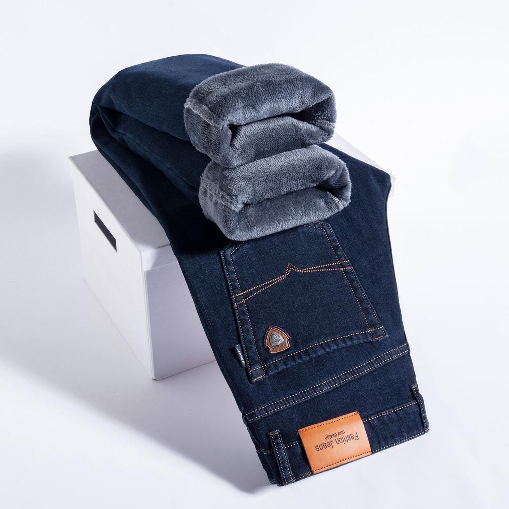 Fleece super thick jeans autumn and winter loose straight high-end medium and large size pants elastic casual pants