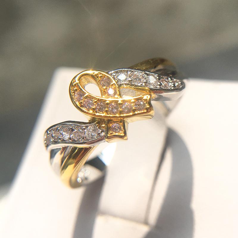 Jewelry Gold-Plated Color-Preserving Hope Ring, Super Flash Diamond Heart Knot Ring.