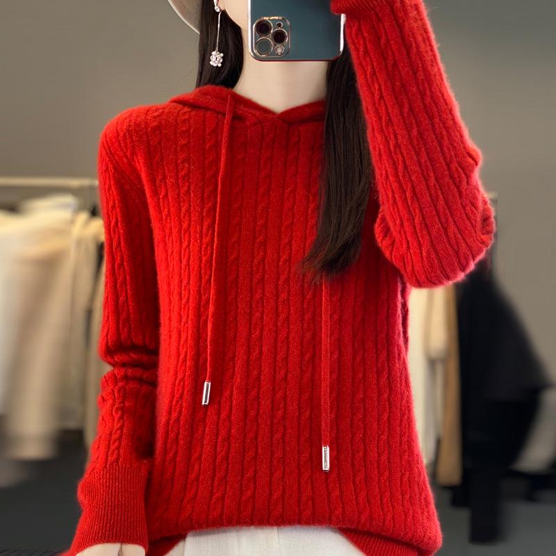 Women's 100% Wool Red Hoodie Sweater - Lazy Style Knit Top for New Year
