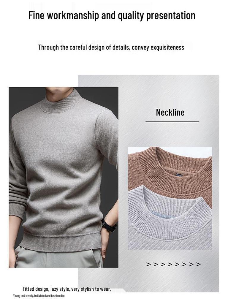Men's Fleece-Lined Half-High Neck Sweater: Warm, Thick, Knitted Pullover for Autumn & Winter.