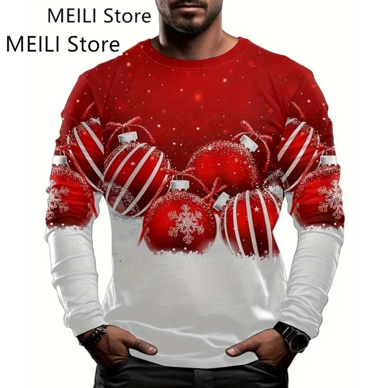 Christmas Muscle Print Tee Men's Clothing Casual Streetwear 3D Printed Top Christma Long Sleeve Oversize O-Neck T-Shirts for Men