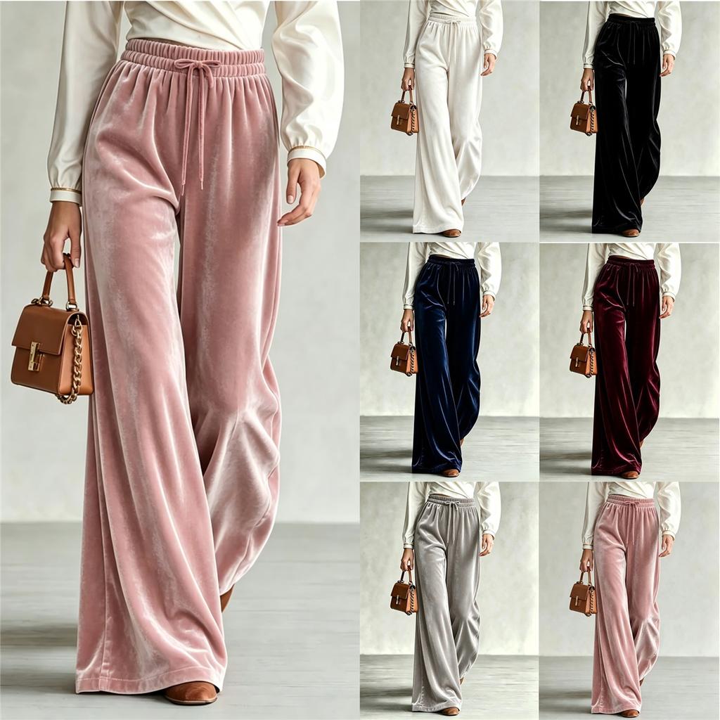 Women Solid‑Color Velvet Wide‑Leg Pants Elastic Drawstring High‑Waist Casual Trousers With Double Pockets For Autumn Winter