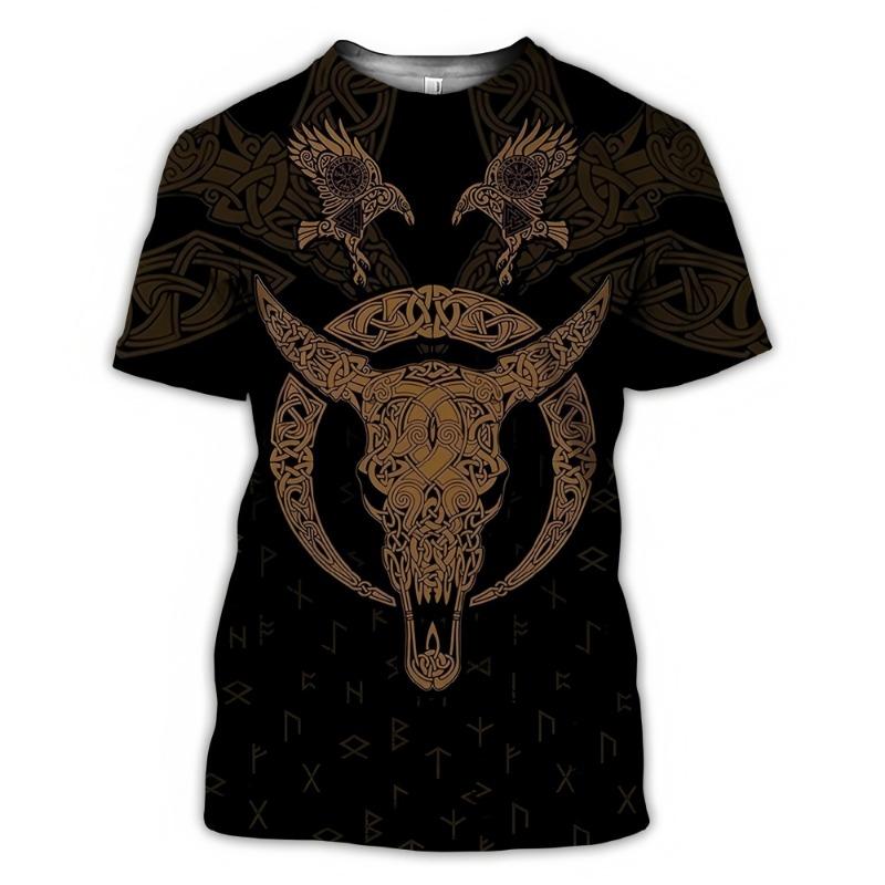Trendy Men's Clothing Graphic T-shirts 3D Digital Printing Viking Element Pattern Short Sleeved Loose Round Neck Top for Men