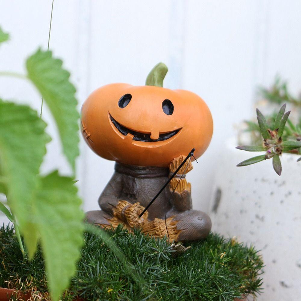 Cartoon Pumpkin Scarecrow Fishing Statue Resin Miniatures Figurine Pumpkin Elf Sculpture  Balcony