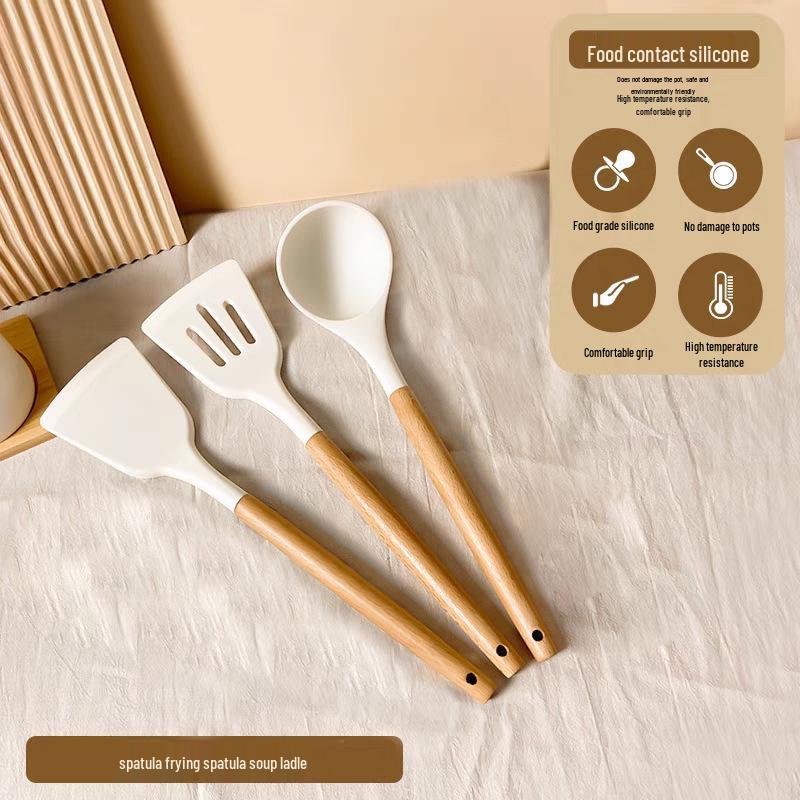 Silicone Spatula & Ladle Set with White Wood Handles - Non-stick Kitchenware for Stir-fry & Baby Food