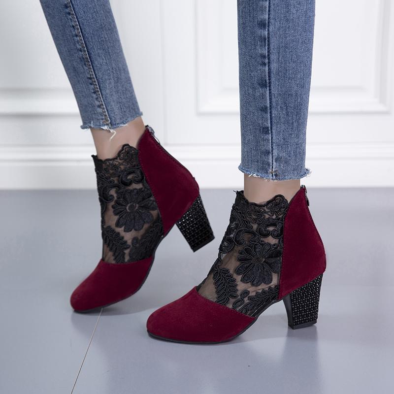 

2025 Новые модные женские босоножки на высоком каблуке с кружевным цветком и открытым носком, туфли-лодочки на молнии с круглым носком, повседневные туфли-сапоги Zapatos De Mujer 35 вино красного