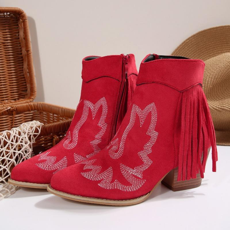 Fashion Tassel Embroidered Single Boots Fall New Pointed Toe Suede Side Zip Non-Slip Wear-Resistant Square Heel Booties
